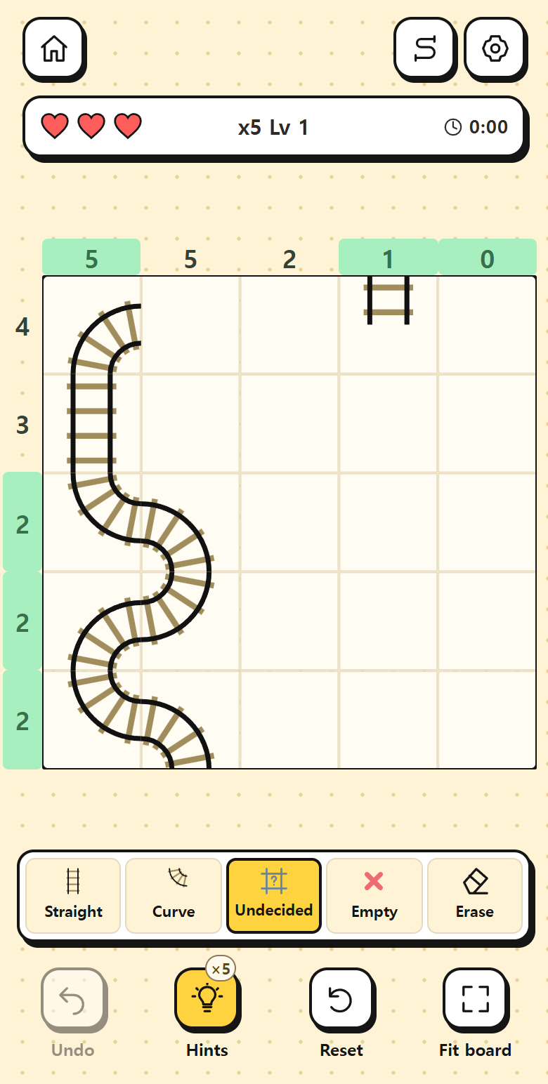 Actual game screen connecting rails to match row and column numbers