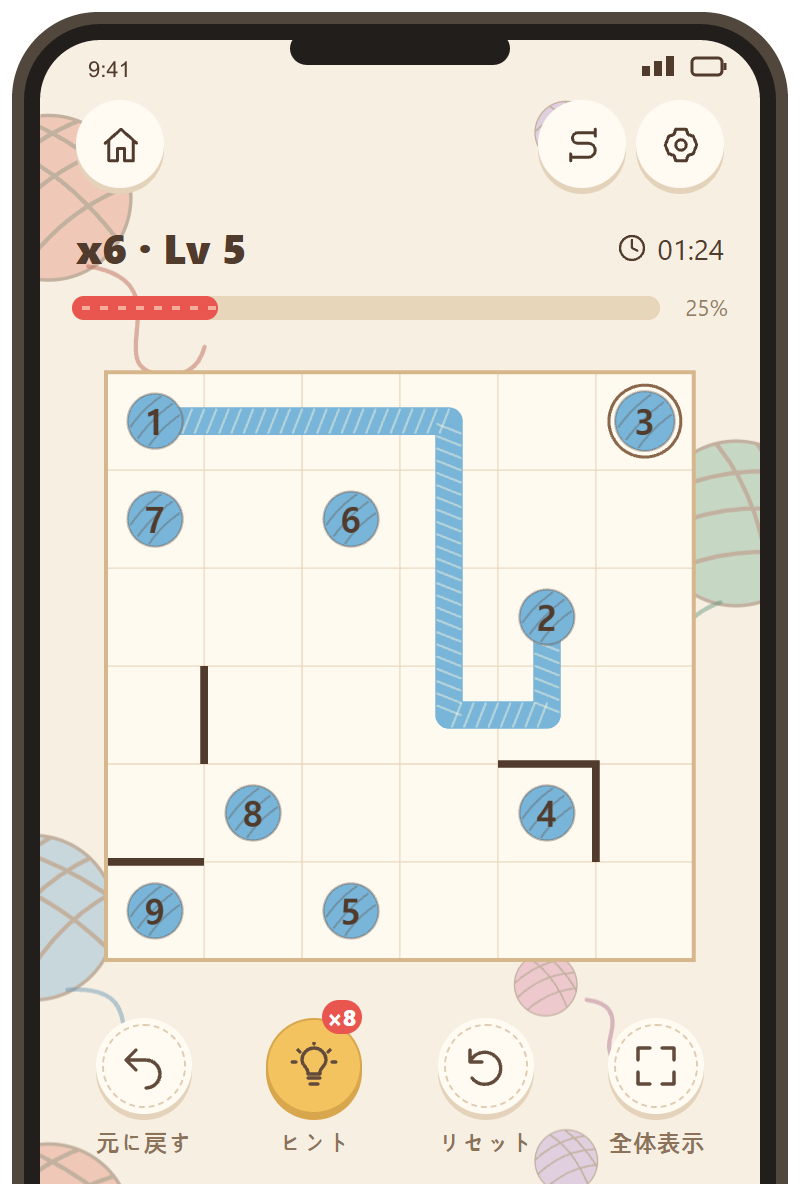 Cozyテーマで数字を順番につなぐ実際のゲーム画面
